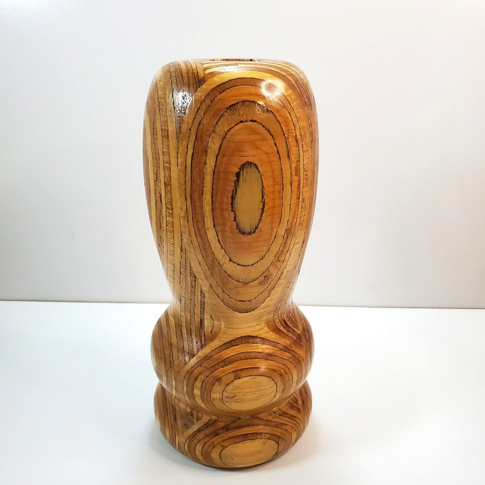 Vtg Chunky Mid Century Inlaid Wood Wooden Candle Holder Candlestick 10" Contrast